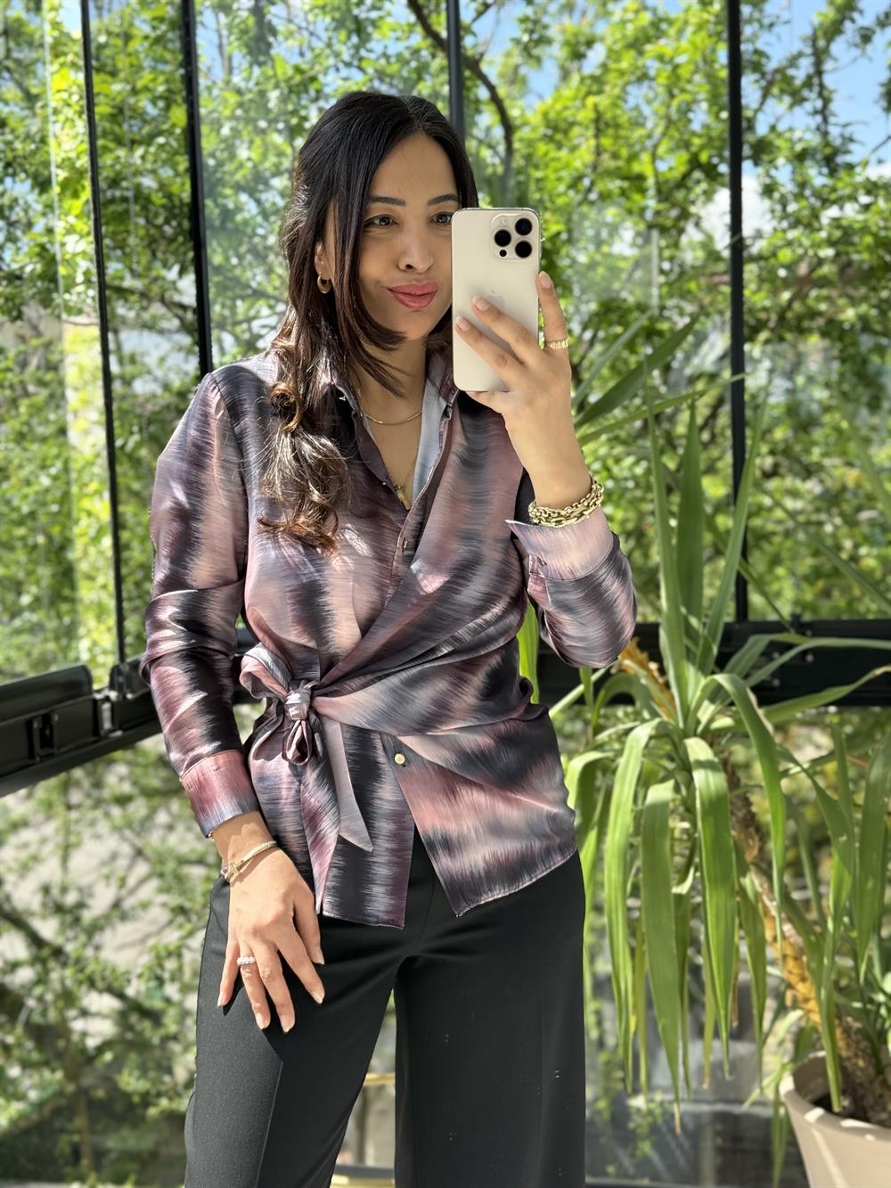 Yandan Bağlamalı Şifon Saten Gömlek Pembe