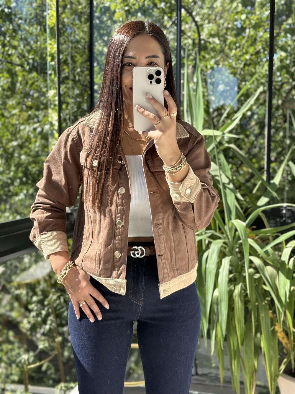 Kadife Detaylı Klasik Kot Ceket Kahve