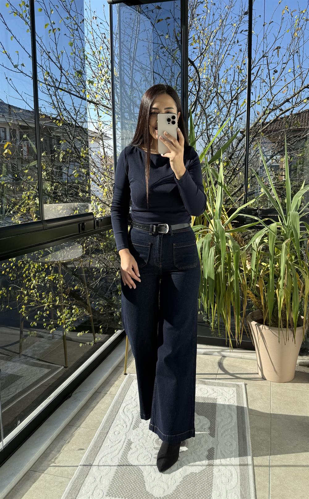 Ön Cep Detaylı Palazzo Jean Lacivert