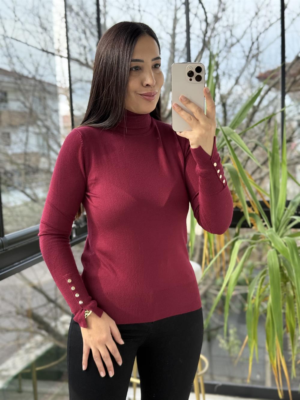 Dilvin Balıkçı Yaka Kol Ortası Droplu Triko Bordo