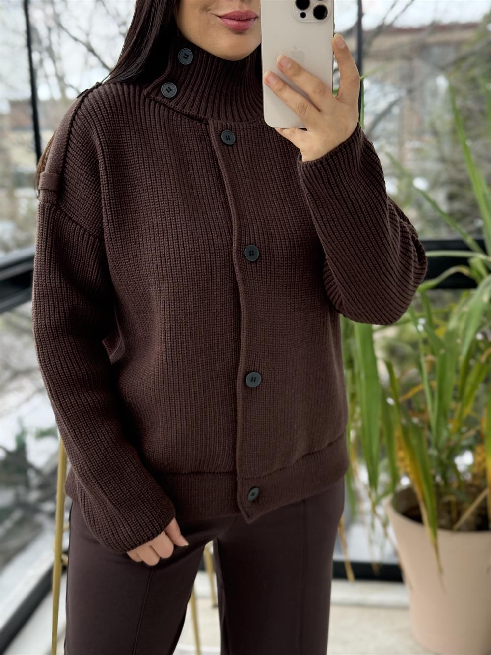 Düğmeli Selanik Örgü Ceket Hırka Kahve