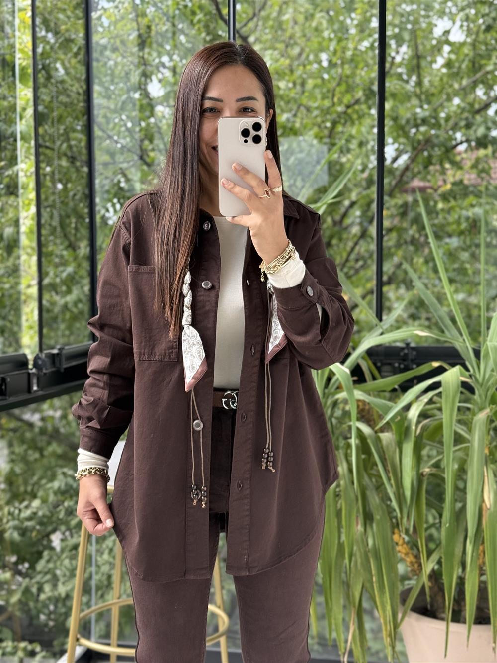 Düğmeli Oversize Gömlek Kahve