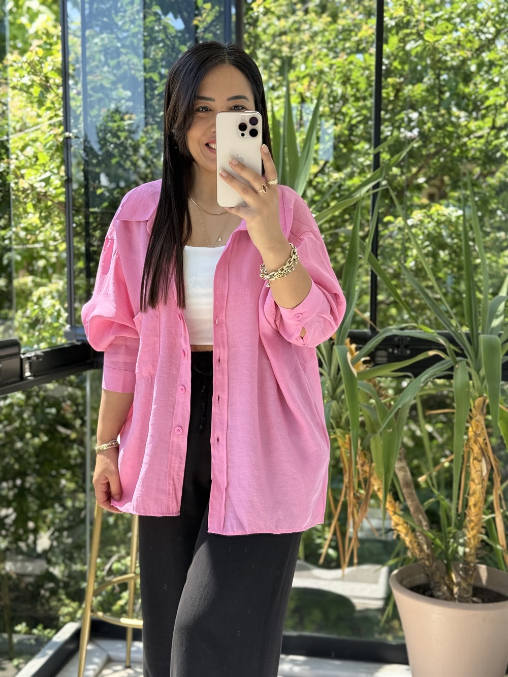 Düşük Omuz Basic Gömlek Pembe