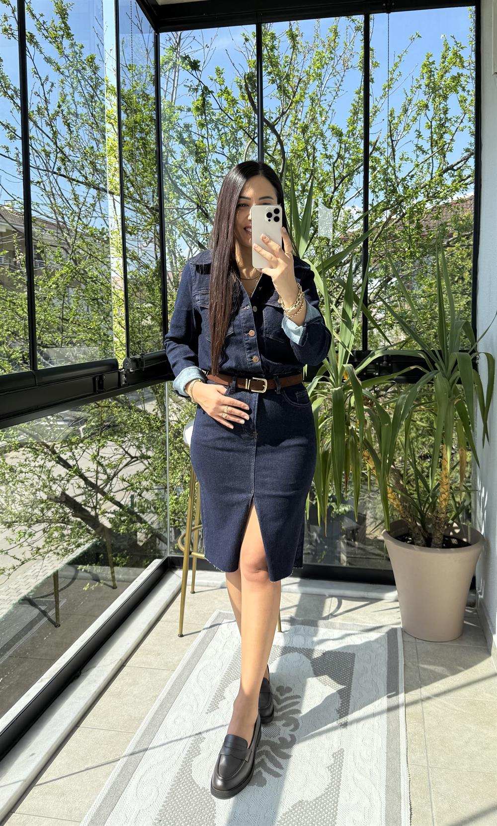 Düğmeli Gömlek Elbise Lacivert