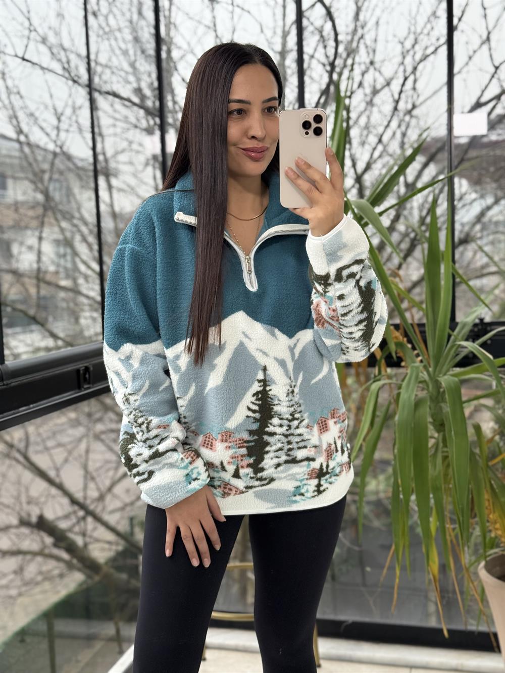 Desenli Yarım Fermuarlı Polar Sweat Mavi