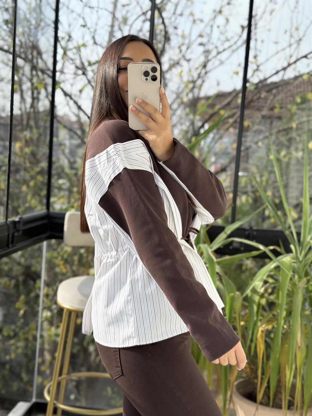 Parçalı Yanı Bağcıklı Sweatshirt Kahve