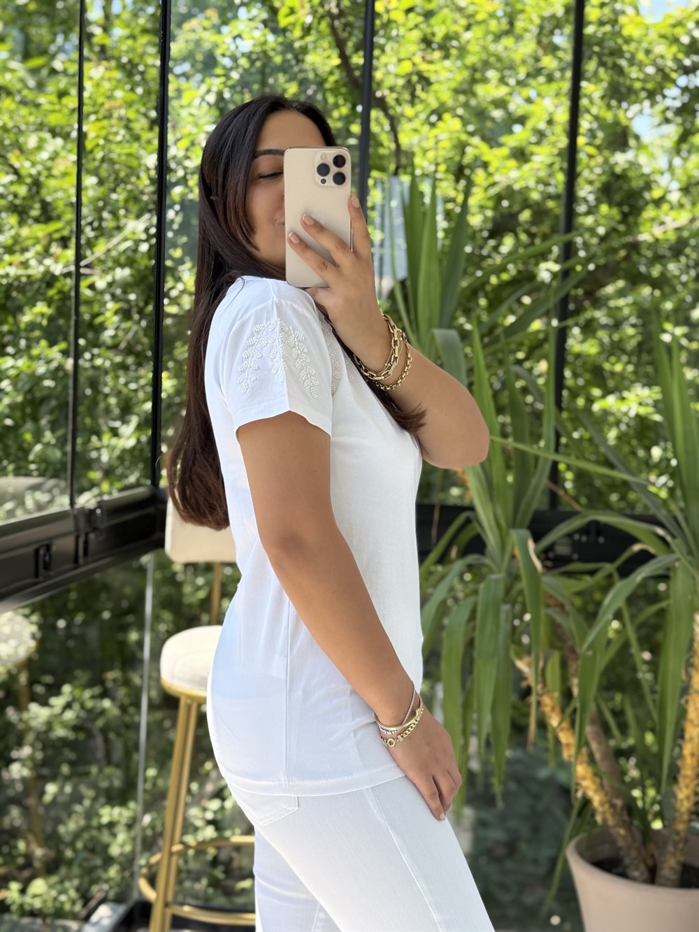 Flora Boncuk Detaylı Tişört Beyaz