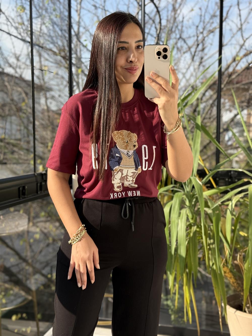 Newyork Yazılı İşlemeli Basic Tişört Bordo