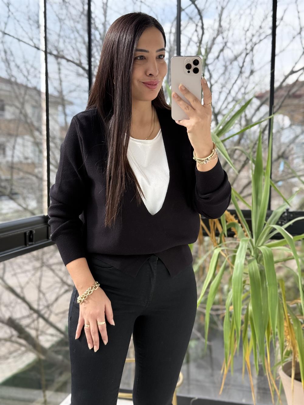 Çift Parça Görünümlü Triko Siyah