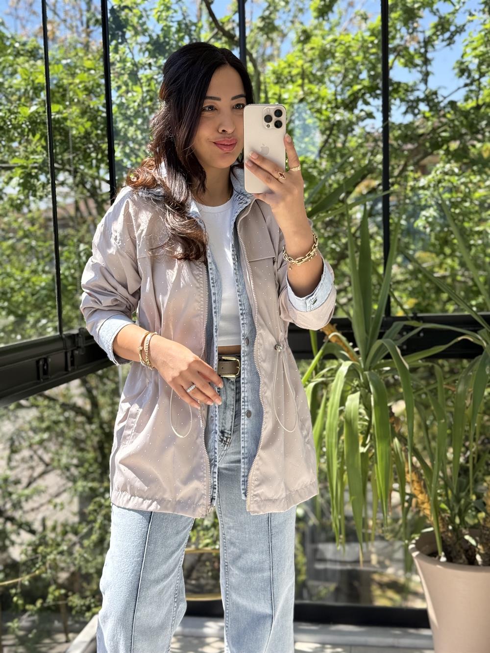 Glitiery Denim Mix Ceket Açık Bej