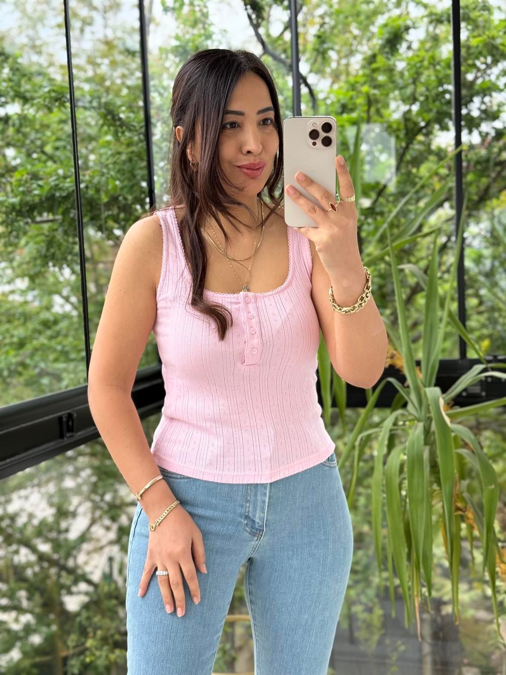Dilvin Düğmeli Kare Yaka Top Atlet Pembe