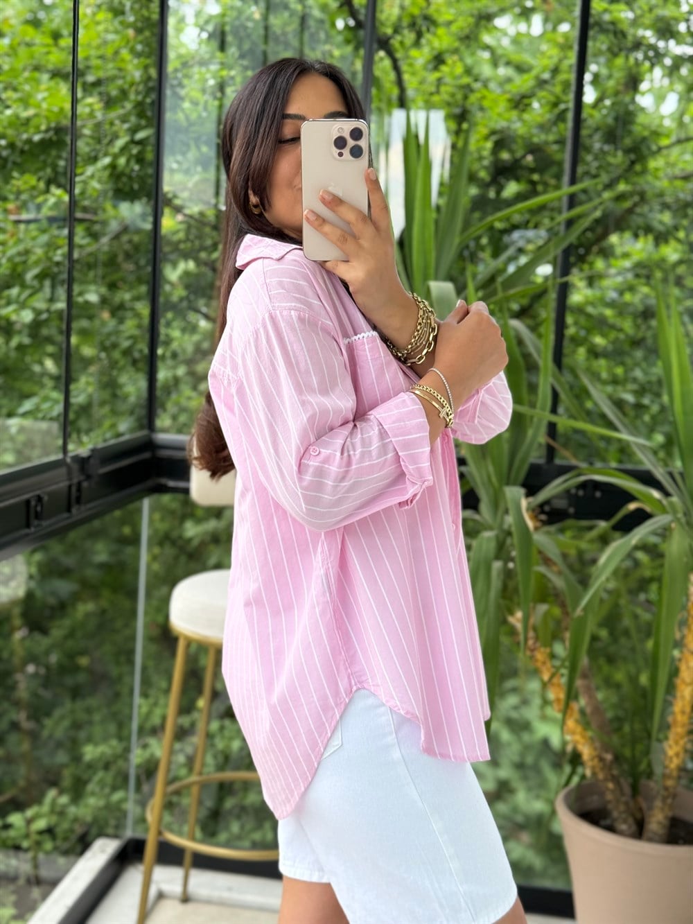 Motif Çizgili Cepli Gömlek Pembe
