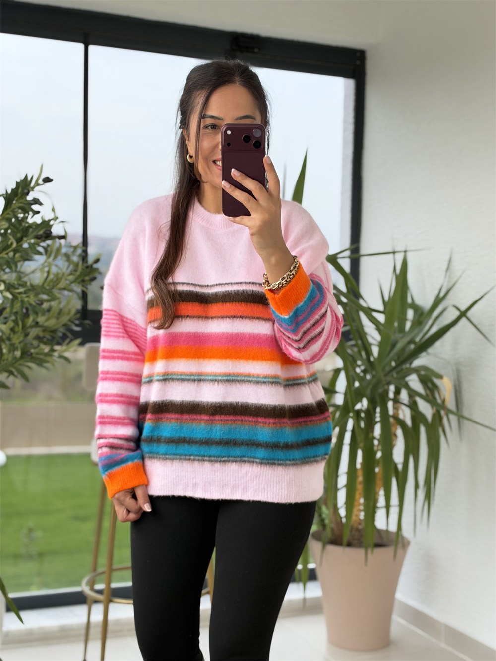 Renk Çizgili Yumoş Kazak Pembe
