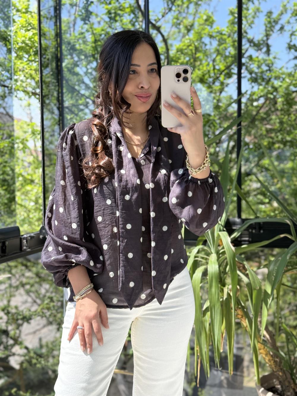 Puantiyeli Bağlamalı Bluz Kahve