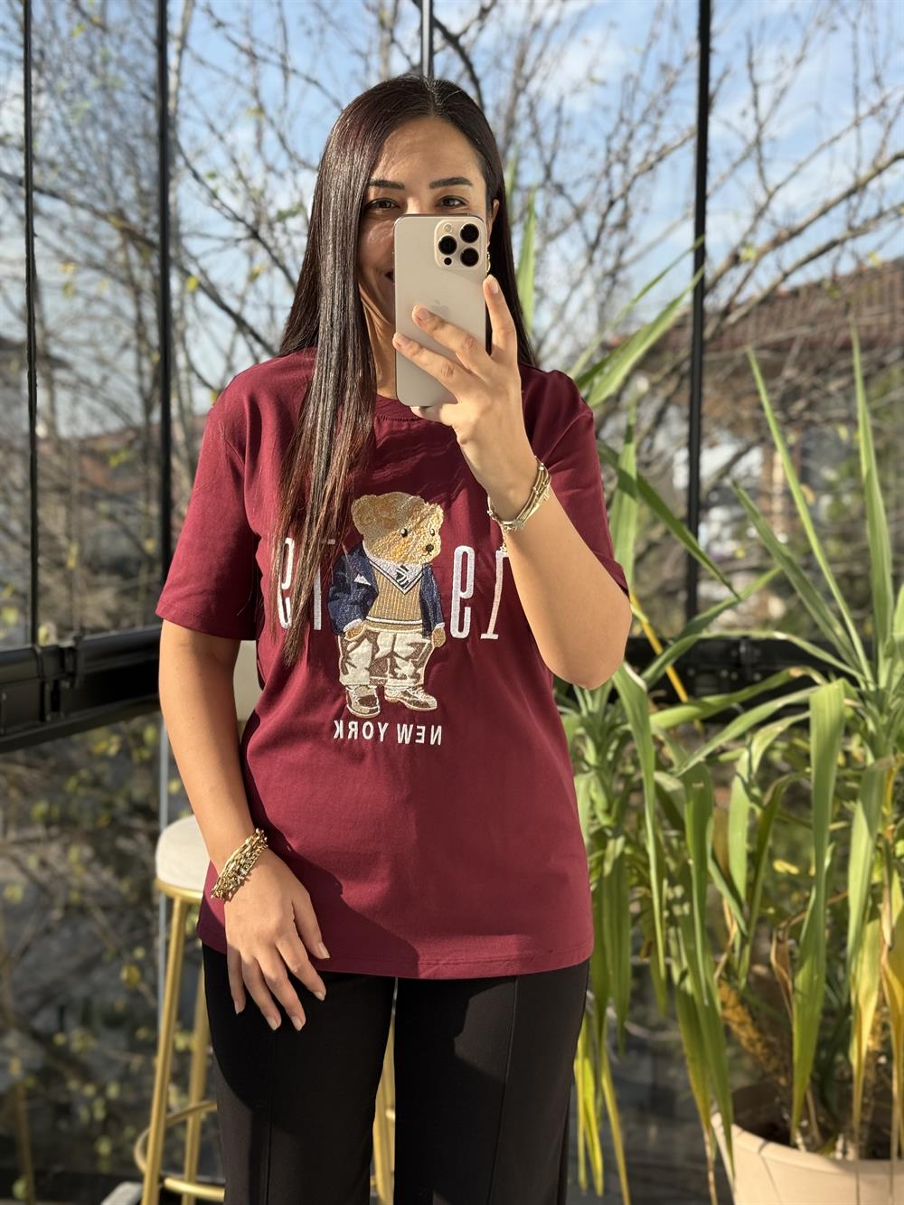 Newyork Yazılı İşlemeli Basic Tişört Bordo