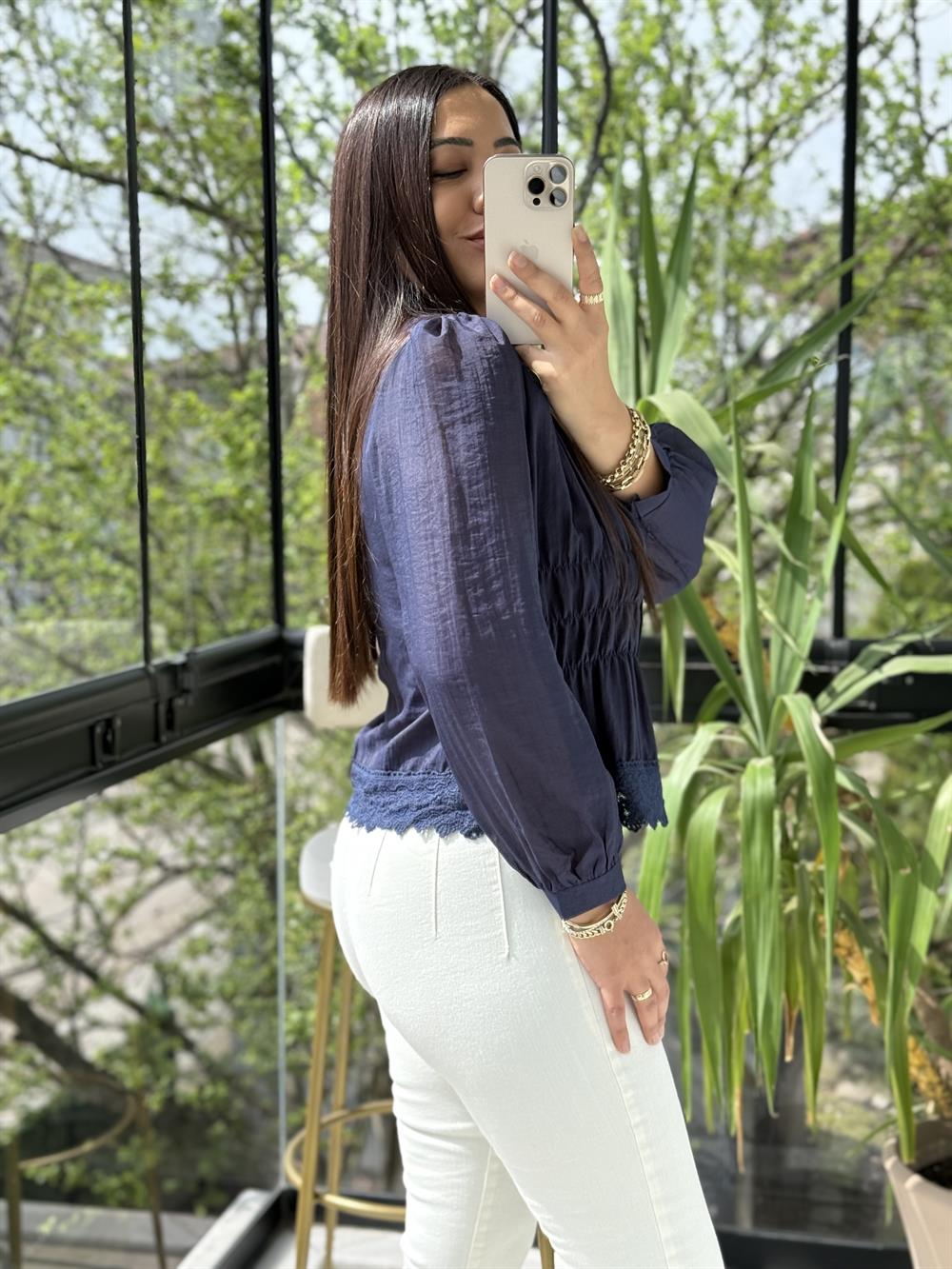 Dantel Rüya Gömlek Bluz Lacivert