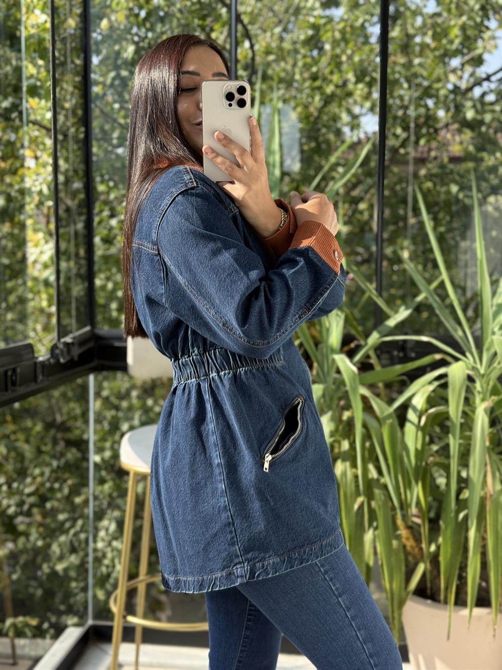 Kadife Detaylı Fermuarlı Kot Ceket Lacivert