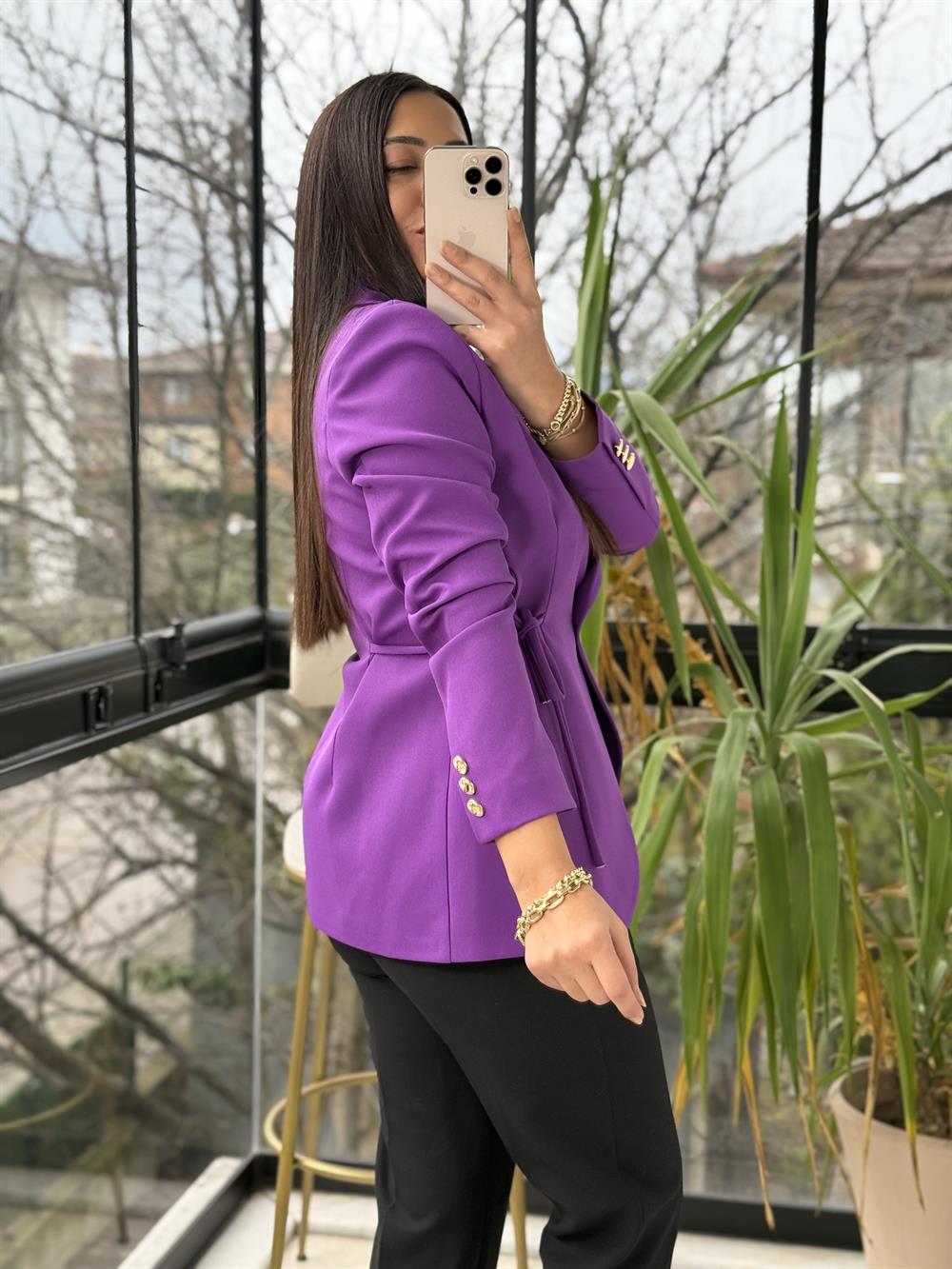 Yanı Bağcıklı Slim Blazer Ceket Mor