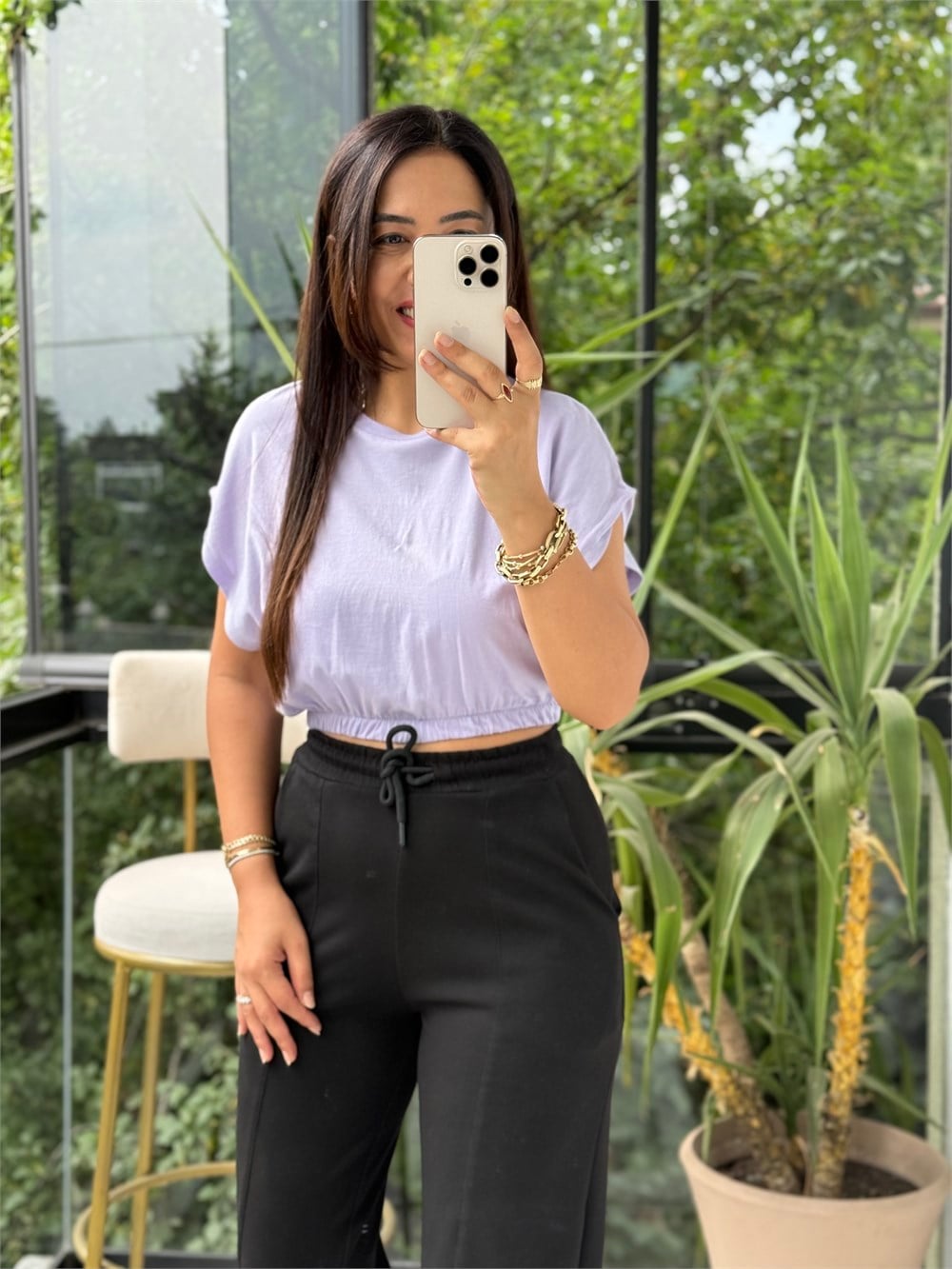 Beli Lastikli Crop Tişört Lila