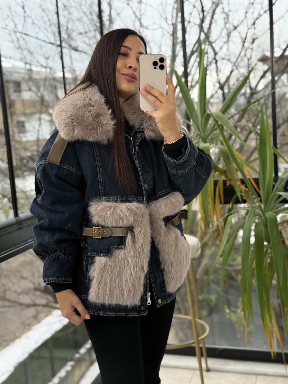 İthal Cebi Ve Yakası Kürk Kot Mont Lacivert