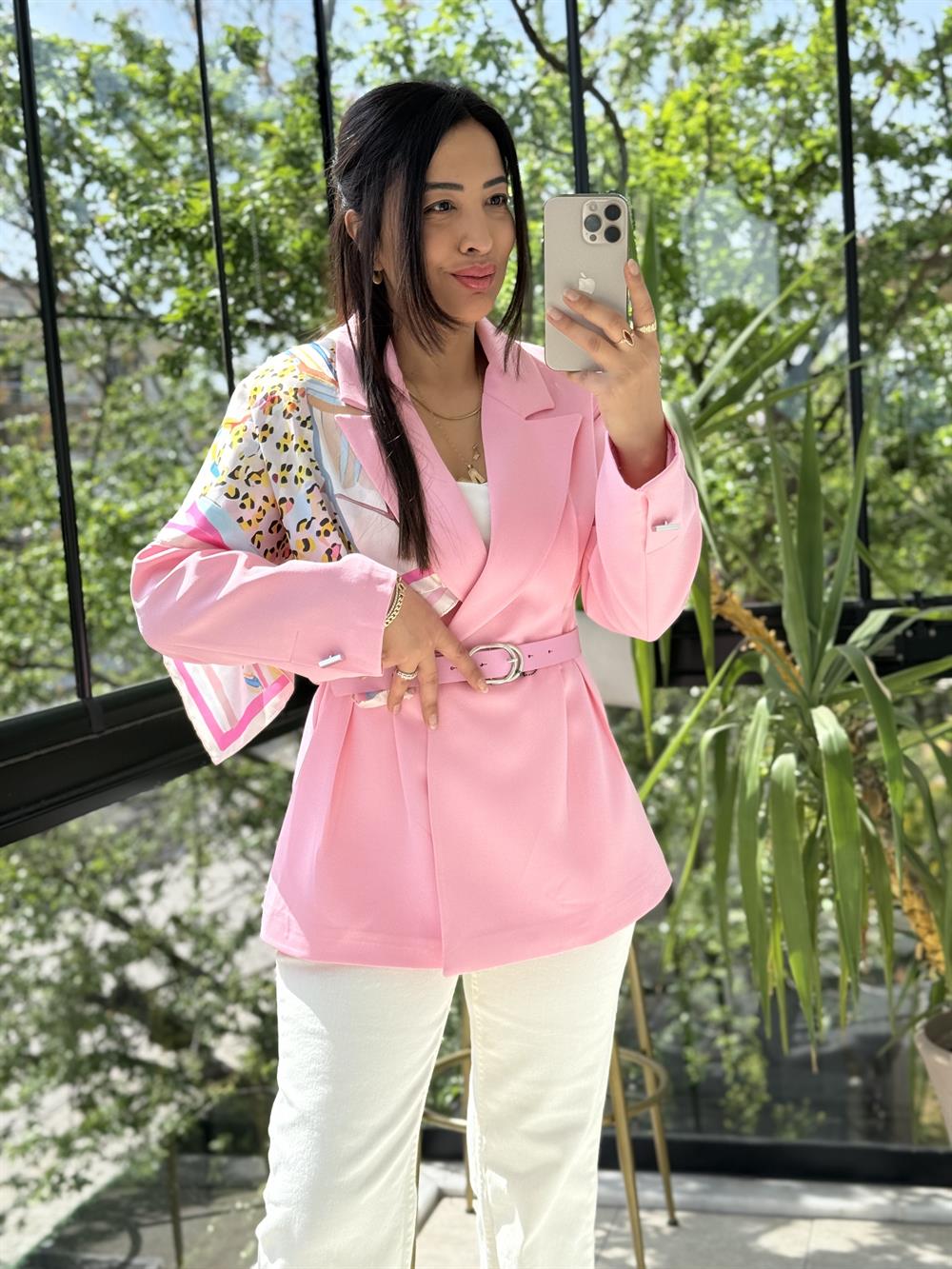 Çift Pileli Şallı Ceket Pembe