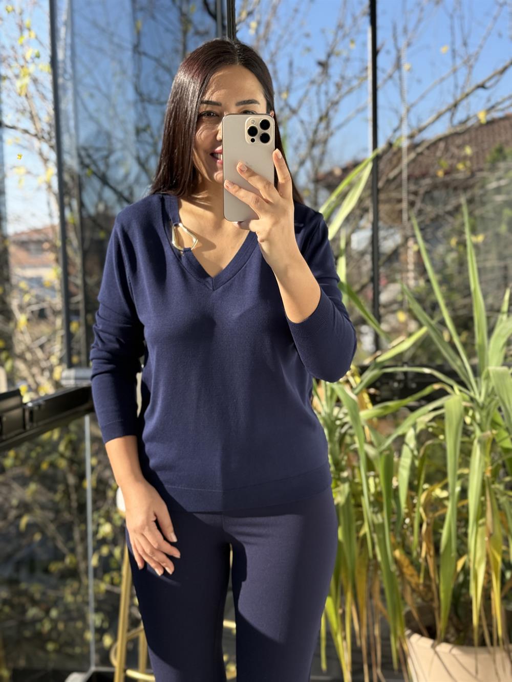 Aksesuar Yaka Detaylı Merserize Triko Lacivert