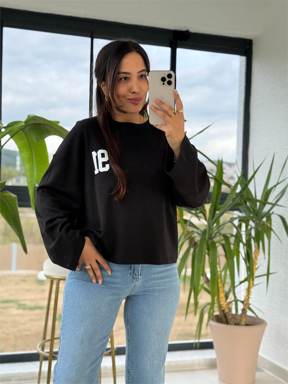 91 Baskılı Basic Sweatshirt Siyah