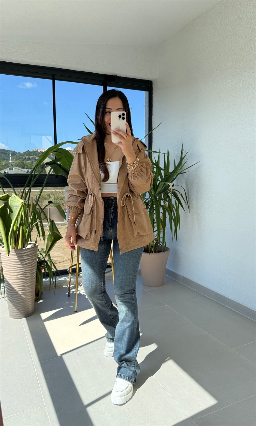 Beli Büzgülü Kapüşonlu Yağmurluk Camel
