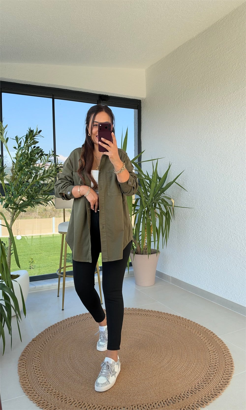 Düğmeli Oversize Gömlek Haki Yeşili