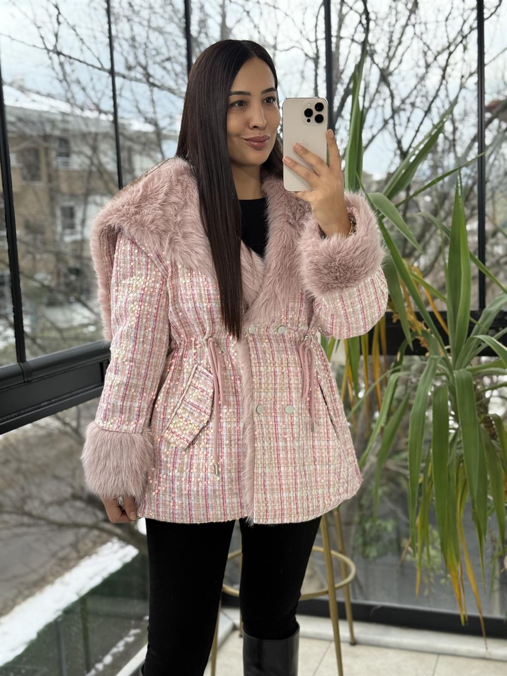 İthal Full payetli Kürk Pembe