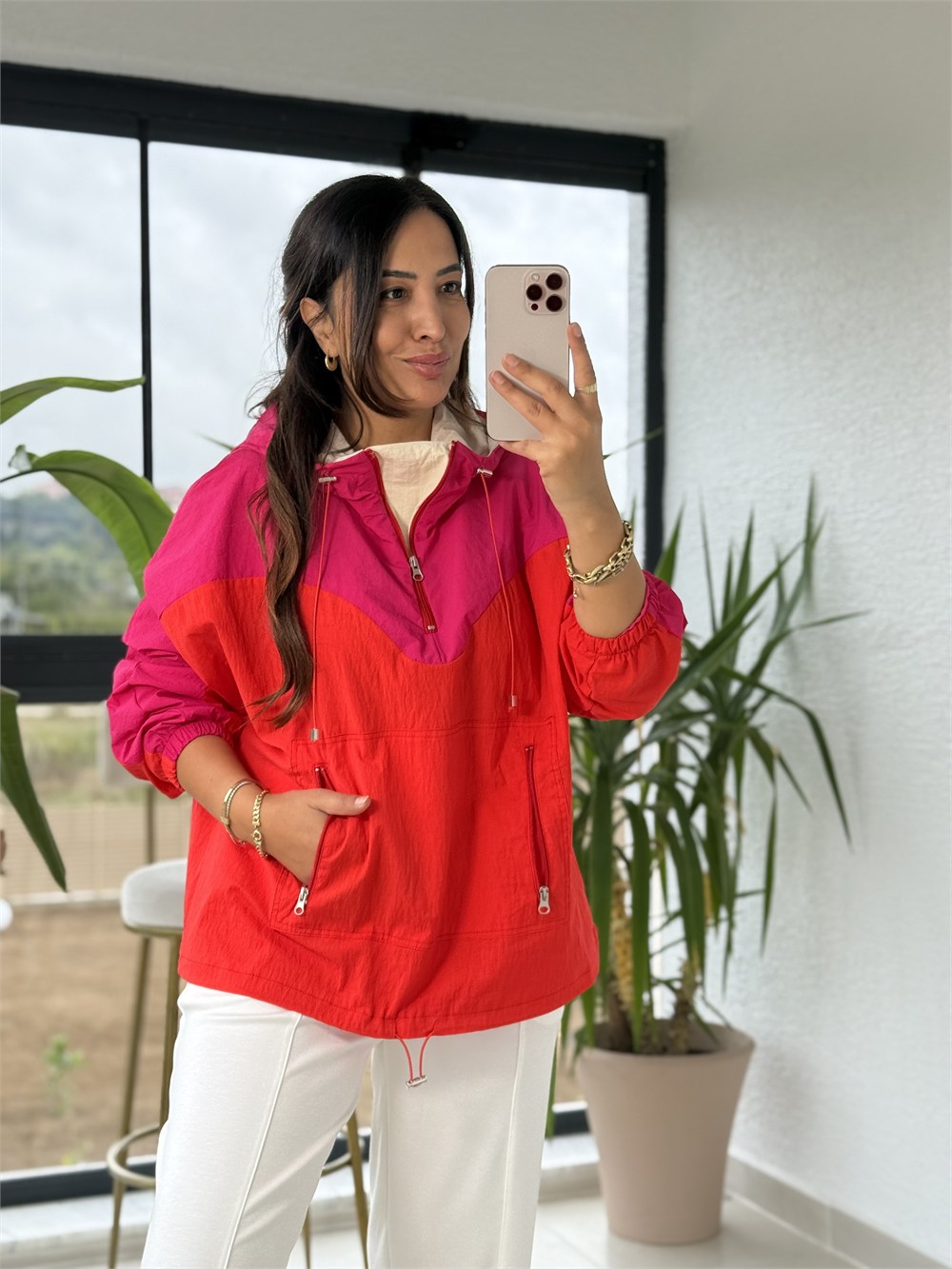 Renk Geçişli Fermuarlı Rüzgarlık Sweatshirt Pembe