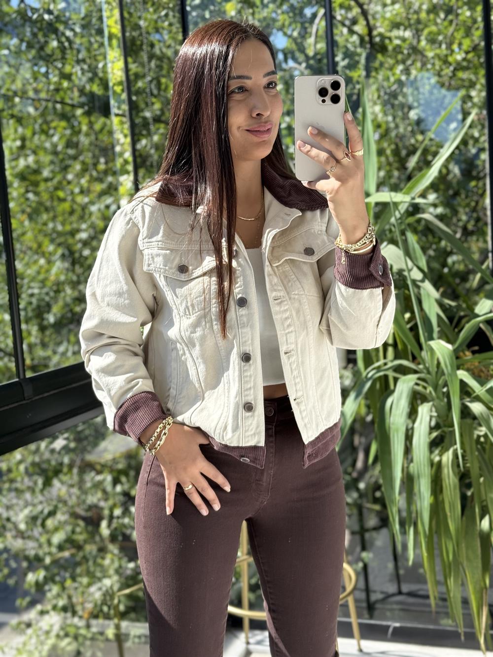 Kadife Detaylı Klasik Kot Ceket Taş