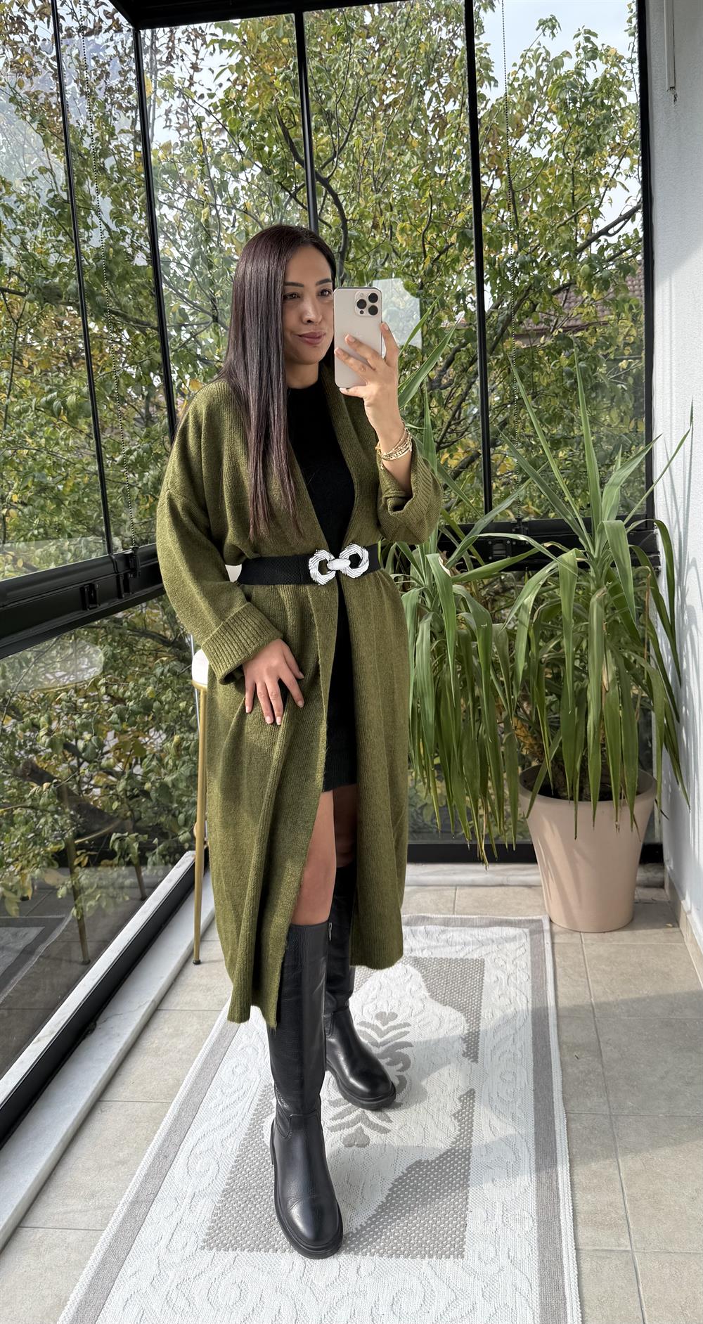 Şal Yaka Uzun Hırka Yeşil