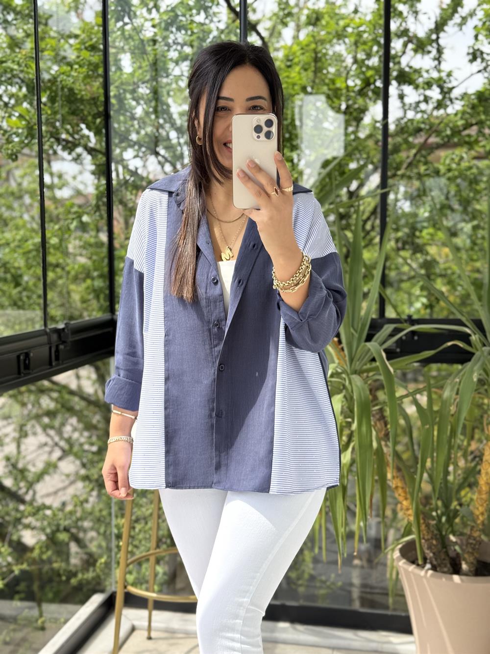 Mix Kumaş Taşlı Gömlek Lacivert