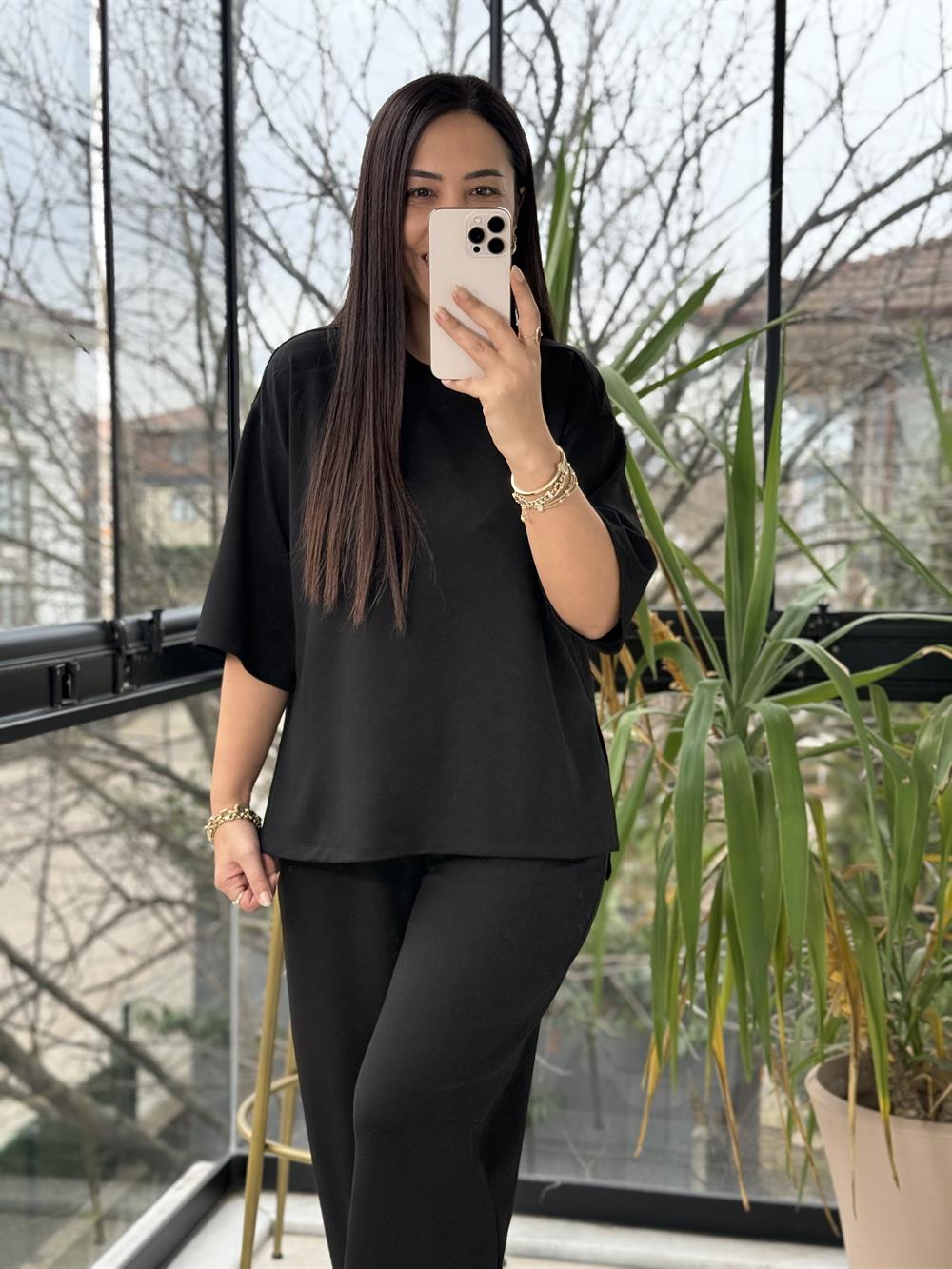 Modal Tişörtlü Basic Takım Siyah