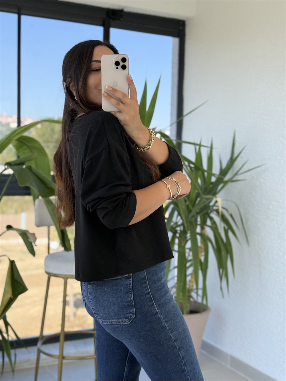 V yaka Oysh Kumaş Bluz Siyah