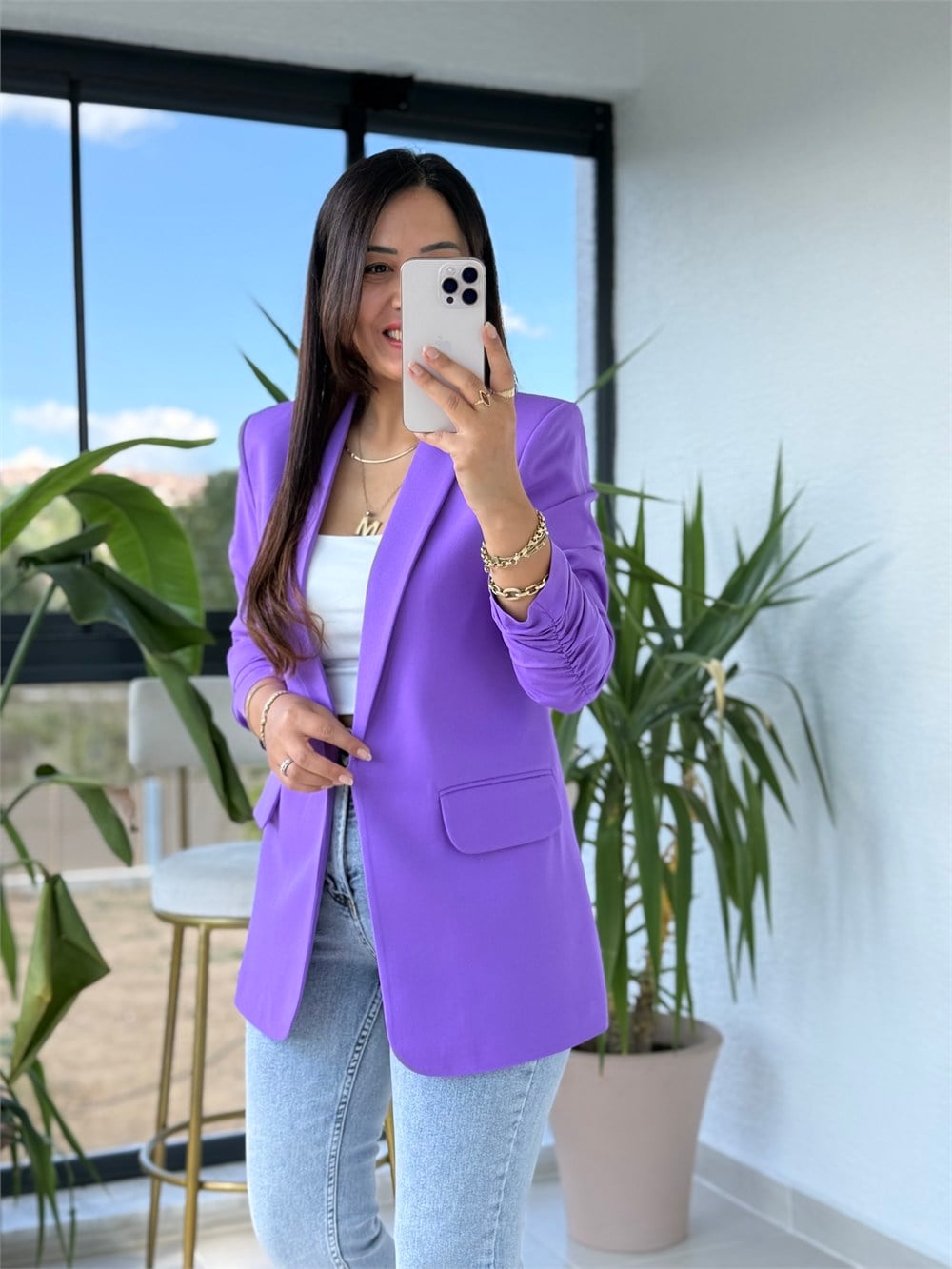 Kolu Büzgülü Blazer Ceket Mor
