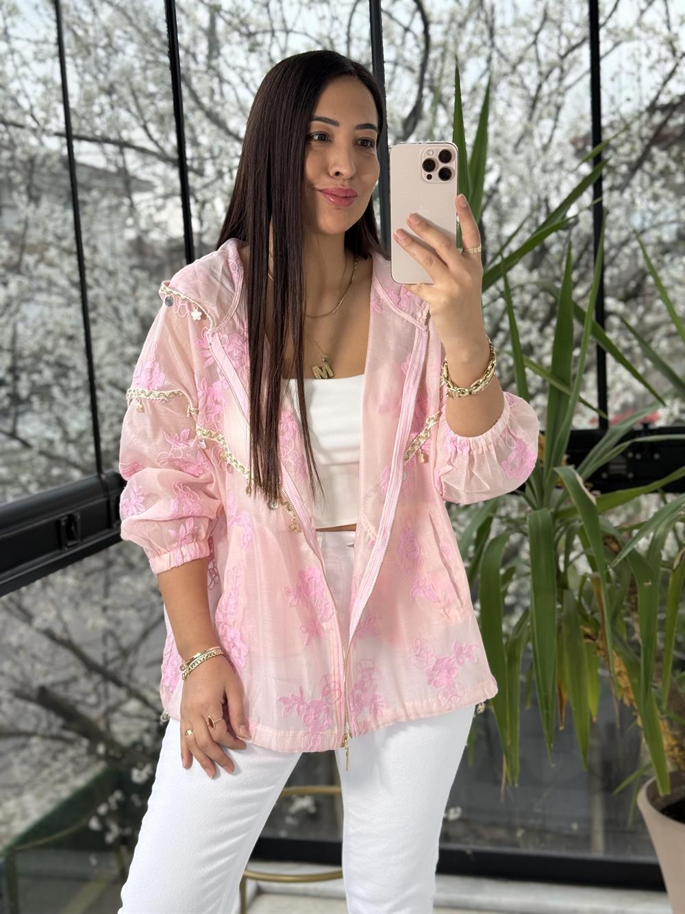 Pullu Nakışlı Ceket Pembe