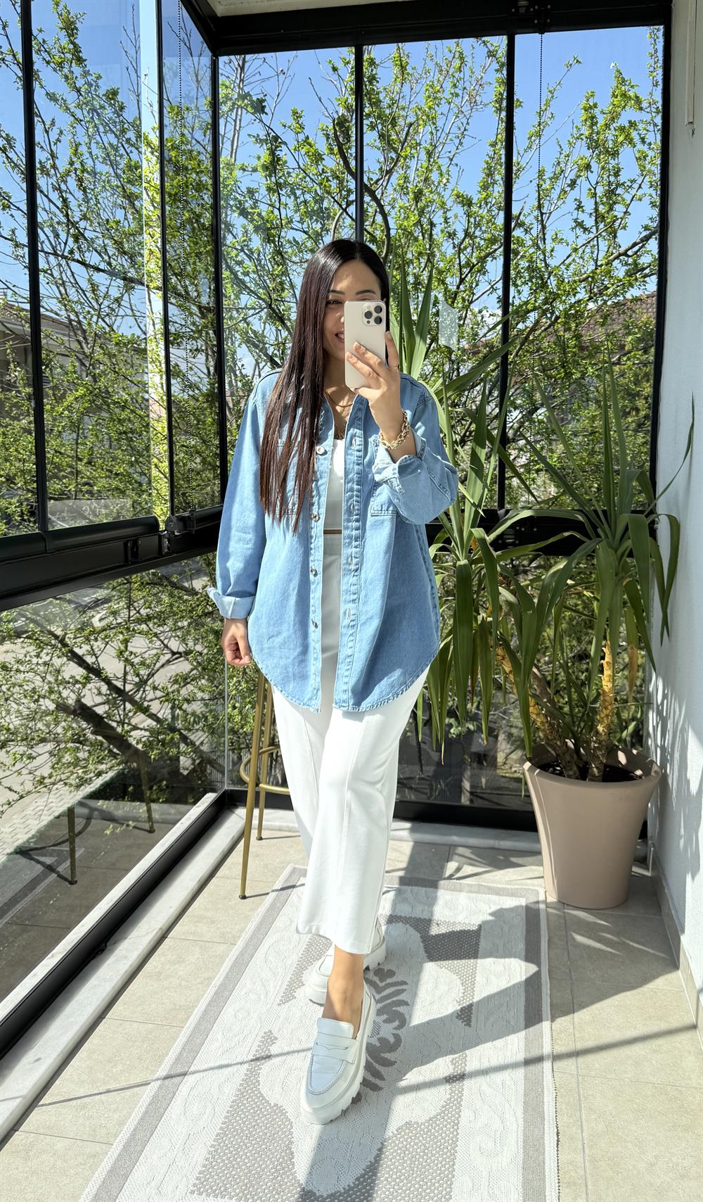 Düğmeli Oversize Gömlek Mavi