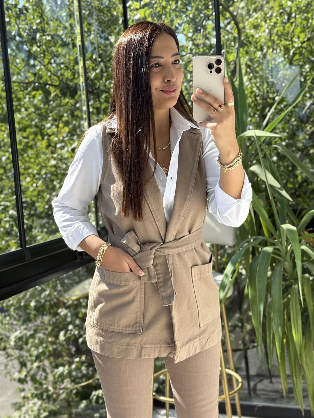 Kuşaklı Kruvaze Yaka Yelek Vizon