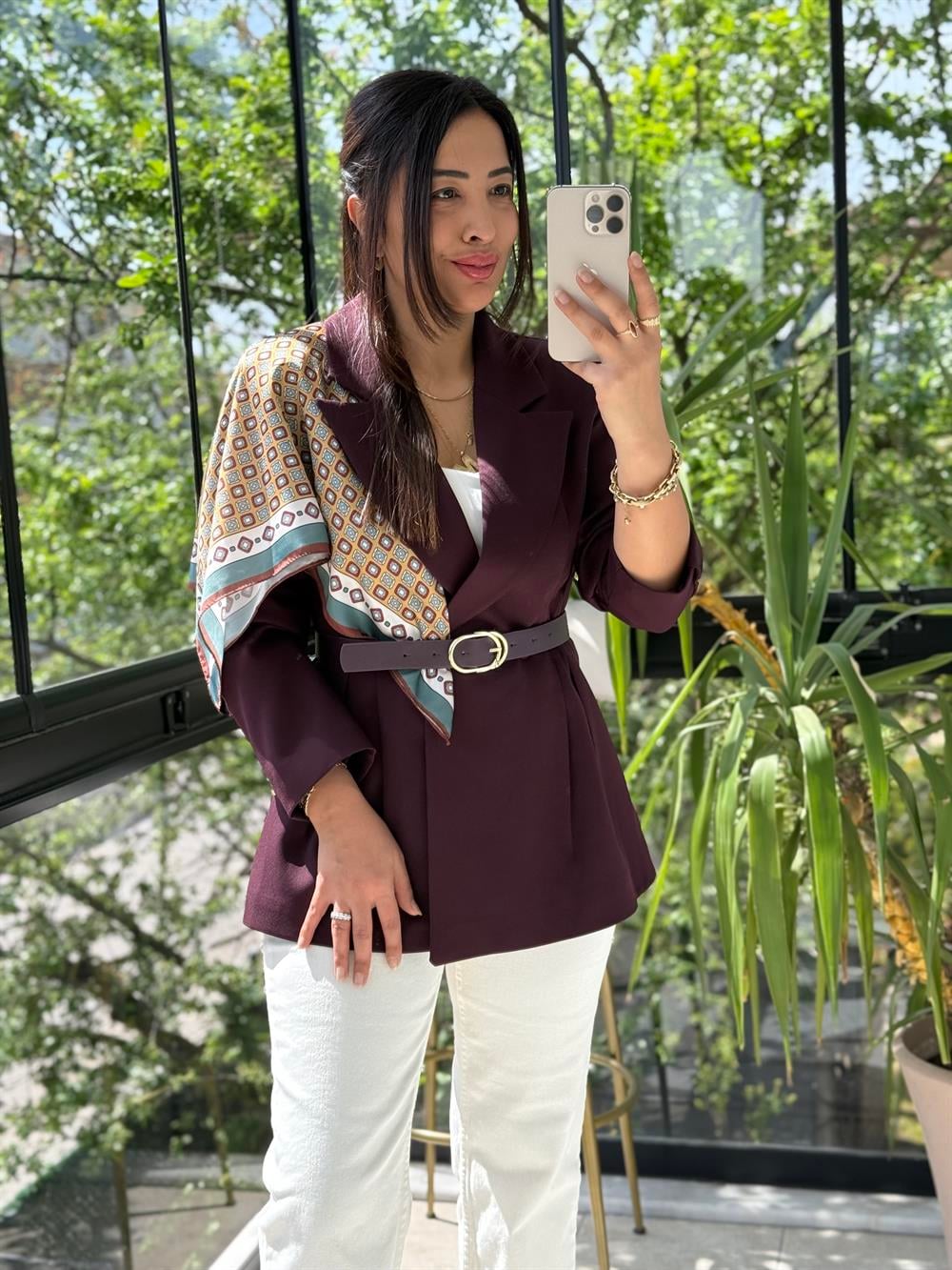 Çift Pileli Şallı Ceket Mürdüm