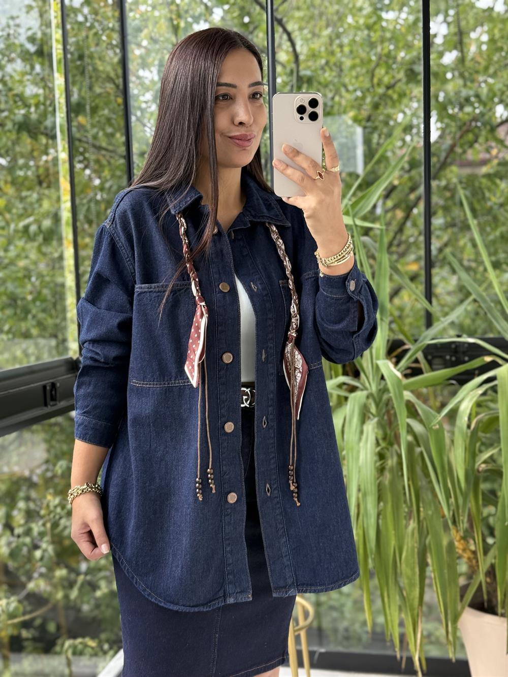 Düğmeli Oversize Gömlek Slaplı Lacivert