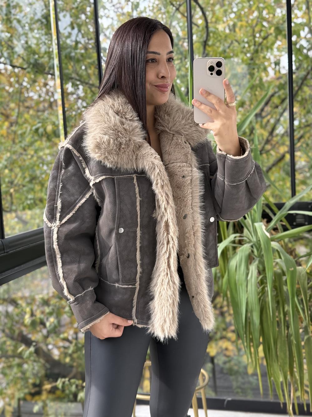 Kürk Detaylı Nubuk Mont Kahve