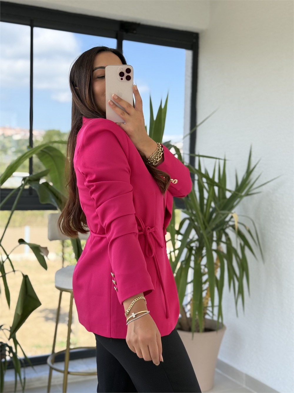 Yanı Bağcıklı Slim Blazer Ceket Fuşya