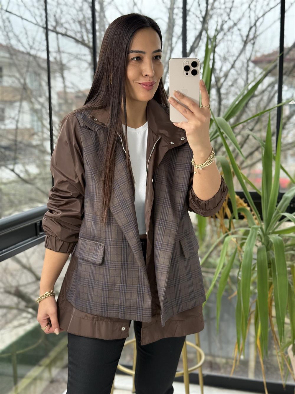 Ekose Garnili Ceket Kahve