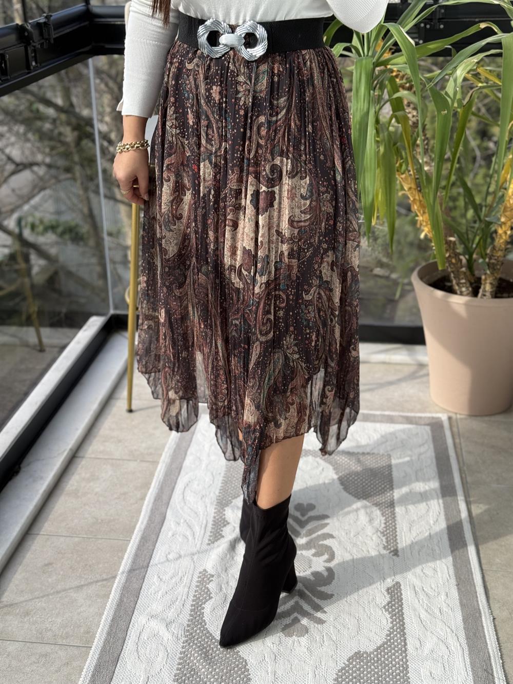 Etnik Desen Asimetrik Kesim Etek Haki Yeşili