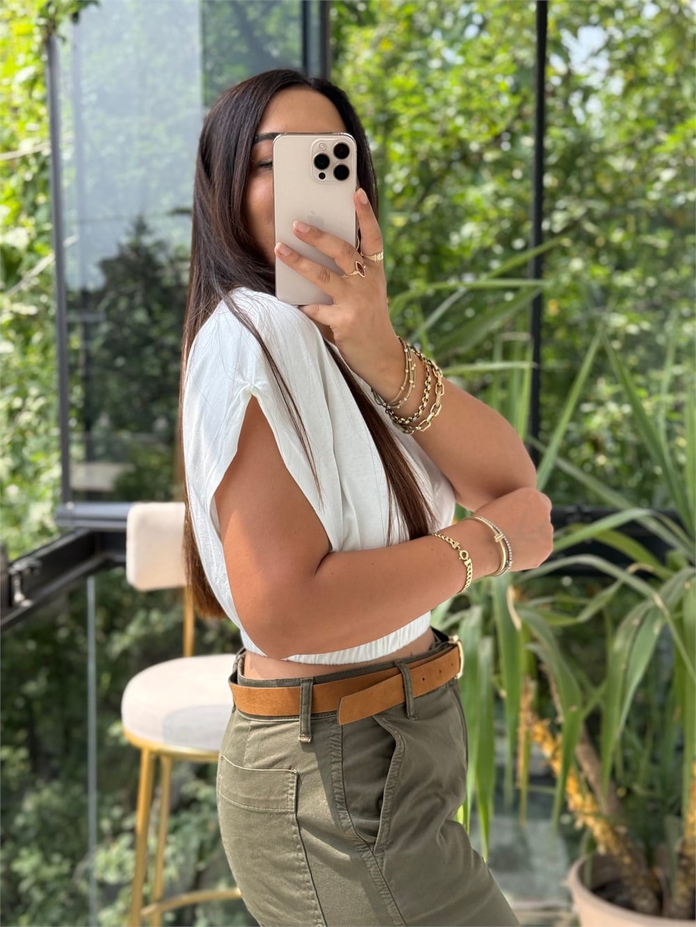 Beli Lastikli Crop Tişört Ekru