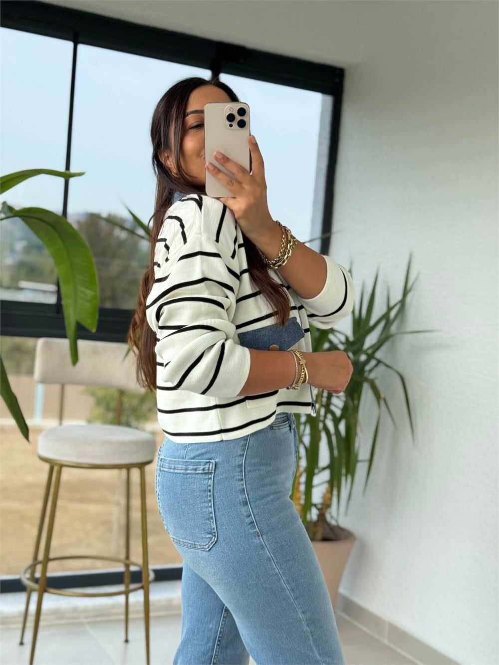 Denim Yaka Ve Cep Detaylı Hırka Beyaz