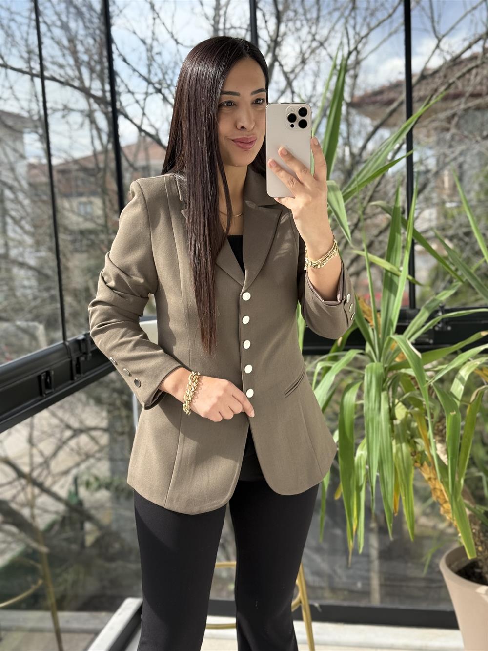 Beş Düğme Slimfit Blazer Ceket Bisküvi Kahve