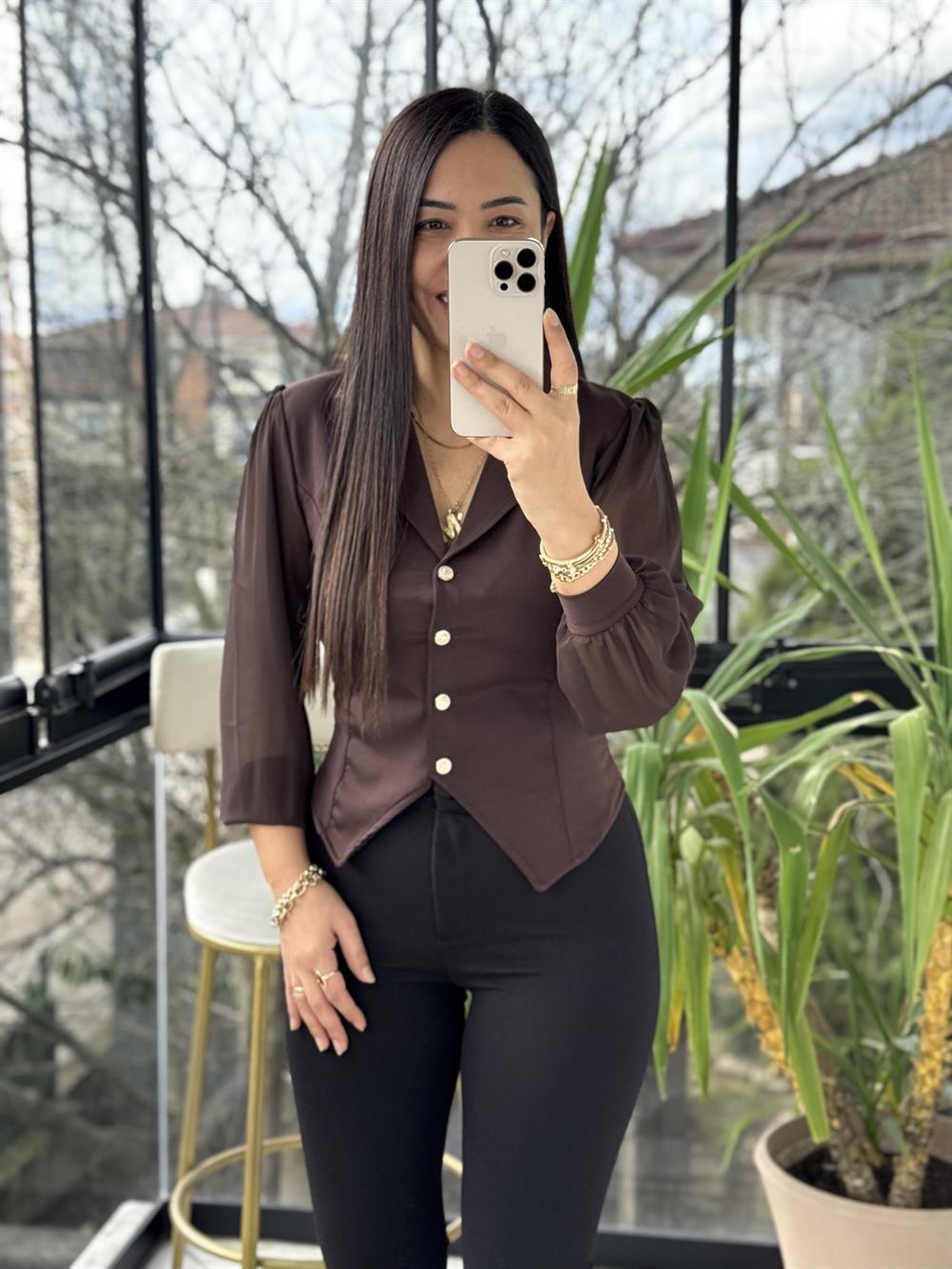 Kolları Tül Detaylı Bluz Kahve